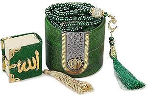 ihvan online, Islamischer Gebetszylinder Geschenkbox mit elegantem samtigem Mini Koran & Gebet Perlen Tesbih, Ramadan & Eid Geschenk, Grün