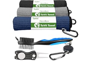 ToVii Golf Towel Microfiber Waffle Pattern Club Groove Cleaner Brush Foldable Divot Tool with Magnetic Golf Gifts Accessories Set Black