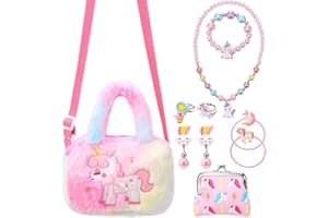 ViEinkaufen 10Pcs Kids Jewellery Sets for Girls, Unicorn Gifts for Girls Toys for 4 5 6 Year Olds, Crossbody Bag, Necklace, Earring, Hair Clip Girl Toys, Bracelet Girl Birthday Presents