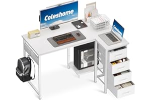 Coleshome Escritorio de Esquina, 100x70cm Escritorio en Forma de L con 4 Cajones, Escritorio para Ordenador Reversible para Oficina/Dormitorio, Blanco
