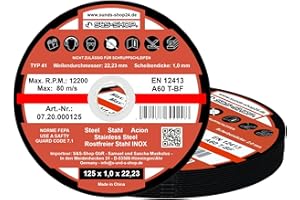 S&S-SHOP 100 discos de corte Ø125 mm x 1,0 mm, INOX, extrafinos, discos flexibles para metal, acero inoxidable, acero, amoladora angular 125, disco de corte 125 metal 1 mm, accesorios para lijadora de corte y