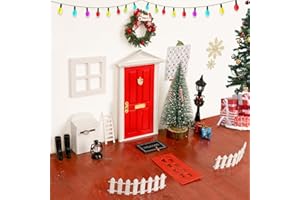 WILDPARTY 19PCS Wichteltür Zubehör Set Rot Weihnachten, Fenster, Zaun, Weihnachtsbaum, Wichtel Tür Roter, Mini Schlüssel,Straßenlaterne, Teppich, Laterne, Postfach,Kranz, Feentür aus Holz Klassisch