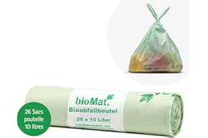 bioMat Sac Poubelle Compostable 10l avec Poignée, 26 sacs, Qualité Supérieure, Certifié DINplus, Fabriqué en Allemagne
