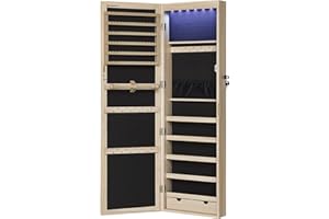 ‎SONGMICS SONGMICS Szafka na biżuterię, mebel do przechowywania naszyjników, kolczyków, szafka na akcesoria, z lustrem, różne przegródki, zamykana, kolor dębu JJC093M01