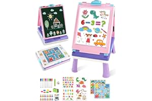Elovien Easel Kids, 4 in 1 Double Sided Toddler Art Easel with Chalkboard & Magnetic Whiteboard, Foldable Kids Tabletop Easel with Drawing & Writing Accessories - Educational Toy for Girls (Purple)