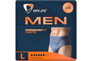 Drylife Men Premium Fit Sous-vêtements Absorbants Jetables Incontinence Homme Pour Fuites Urinaires Modérées Fortes - Taille L (1 Lot de 8)