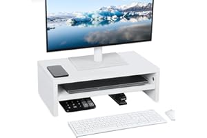Baodan Monitor Stand, 2 Tiers Computer Monitor Stands for Desks, Wooden Desk Shelf for PC Stand, Screen Riser, TV Riser, Printer Stand, White