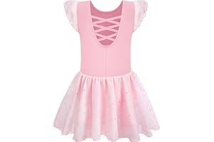 Mulnall Fille Danse Ballet Justaucorps Brillant Vêtements Manches Plissées Dos Croisé Robe de Ballet Enfants Robe de Danse Corps de Danse avec Jupe Tutu