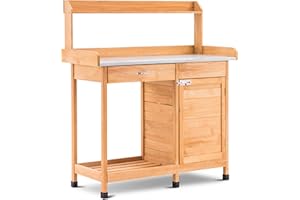 M MCOMBO MCombo 0440 Table de Jardinage, Table à Fleurs, avec Plan de Travail galvanisé, tiroir, Meuble inférieur, résistant aux intempéries, Bois, 112 x 47 x 125 cm (Naturel, 112 x 47 x 125 cm)