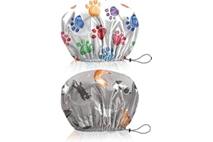 BHAHB 2 Stück Duschhaube, Doppelschicht Wasserdicht Elastisch Einstellbar shower cap wiederverwendbar,ästhetisch,niedlich Duschhaube für Damen (V13-Pfoten-Katzen)