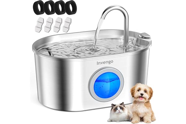 Invengo MeowFlow B30 Fuente de Agua para Gatos y Perros, 2.2L Fuente de Agua de Acero Inoxidable con Ventana Visible, Fácil de Limpiar, Incluye 4 Filtros de Repuesto