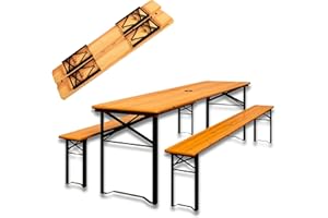 DIVID® Bierzeltgarnitur 3-teiliges Set, Klappbar und portabel, Festzeltgarnitur, 2 Bänke & 1 Tisch, Schirmhalter, Holz, Sitzgarnitur, Biertisch, 170x46x75, Gartenmöbelset,
