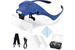 YOCTOSUN Magnifying Glasses with Light, Hands Free Headband Magnifier with 4 LED Lights and 5 Detachable Lenses 1X to 3.5X,Rechargeable Head Magnifier Glasses for Crafts, Hobby, Close Work