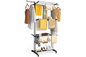 vounot® Étendoir à Linge à 4 Niveaux 125x62x173cm Sechoir à Linge Pliable Grande Capacité avec roulettes Ailes latérales Utilisation Intérieure et Extérieure Noir