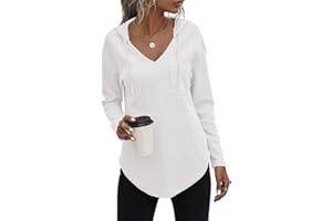 VEUNCOS Pullover Damen Hoodie Langarm V Ausschnitt Kapuzenpullover Lockere Sweatshirt Oberteil mit Kordelzug