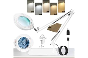 Kevsuvqin 2-EN-1 Lupa con Luz Led para Manualidades, 10X Lupas de Gran Aumento, 5Color & 10Brillo, Lampara con Pinza Metálico & Base Cuadrada Grande, Lampara Lupa Led con Luz para Costura & Reparación