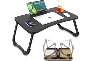 Avilia Tavolino Pieghevole con Porta Bicchiere e Leggio per Tablet, 60x40 cm, Nero, Salvaspazio, Facile da Trasportare, Ideale per Soggiorno, Camera, Aree Relax e Smart Working