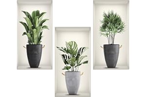 CAINCAY 3D Wandaufkleber Vase, 3 Stück Vasen Wandtattoo für Wohnzimmer Wandabziehbilder, Grüne Pflanzen Wandsticker Selbstklebend Flasche Wandbilder für Wohnzimmer Schlafzimmer Küche