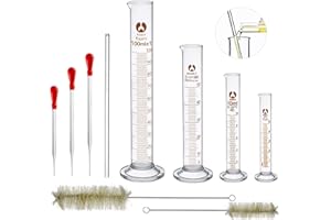 Wandefol Pack de 4 Éprouvettes Graduées + 3 Pipettes Compte-gouttes + 2 Brosse à Pipette + 1 Tige d’agitation, Kit Accessoires pour Pharmacie, Parfum, Laboratoire, Hôpital, Chimie
