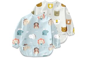 Nombear Baby Bibs with Sleeves for 6-24 Months - Easy Wipe Clean, Machine Washable Baby Weaning Bib with Sleeves, Waterproof Long Sleeve Bibs, Non Silicone and Coverall Bib