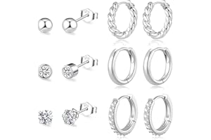 BMMYE 6 Pairs Small Gold/Silver Stud Earrings for Women 14K Gold Stud Earrings Set for Multiple Piercing Cartilage Sleeper Tiny Mini Gold Huggie Hoop Earrings 925 Sterling Silver Stud Earrings