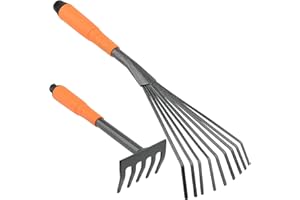 ZEONHEI 2 Pcs Mini Garden Rake, 11 Inch 5 Root Steel Lawn Rake and 16 Inch 9 Root Leaf Rake with Comfort Grip, Rust Resistant Hand Rake for Gardening and Lawn Care