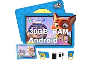 DMOAO Tablette Enfants 10 Pouces Android 15 avec 30Go RAM (TF 2To), 5G WI-FI 6, Widevine L1, Contrôle Parental, 8-Core, Tablette Tactile avec Coque Antichoc EVA + Support Rotatif à 360°, Bleu