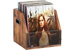 Homeiju Metal & Wood Vinyl Record Storage Crate, Holds up to 60 Records, Rustic Brown Black (1 Pack), Portable, Indoor Use, Music Storage, General Storage