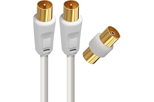 APM Câble TV Antenne 9.52mm, 2 Mètres, Connecteurs Gold Mâle/Mâle, Cordon Coaxial Blanc avec Adaptateur Femelle/Femelle Inclus, Compatible TV Décodeur TNT Fiche Murale 9.52mm, 408014