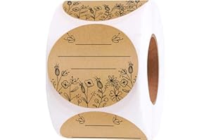 DIGGOOUR Floreale da 5 pollici con 3 linee per scrivere 500 etichette in carta kraft marrone naturale per etichette in scatola con coperchio per barattoli, bottiglia per marmellata, contenitore per alimenti