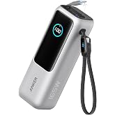 Anker 25.000 mAh Power Bank, 165W, Taşınabilir Şarj Cihazı, Dahili USB-C ve Geri &Ccedil;ekilebilir Kablo, 1 USB-C, 1 USB-A, G&uuml;m&uuml;ş -