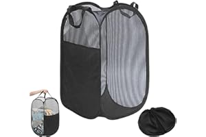 Tyrzol Large Washing Basket Collapsible Mesh Collapsible Washing Basket Pop up Laundry Hamper Basket with Side Pocket Laundry Hampers Mesh Laundry Baskets with Handles for Bathroom College Dorm Black