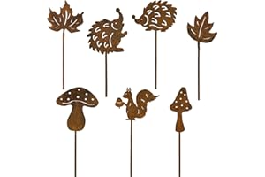 BOFUNX 7pcs Piquet de Jardin Decoratif en Métal Rouillé Décoration de Jardin Animaux Écureuil Champignon Signes de Jardin Décorations Extérieures Pelouse Terrasse Balcon