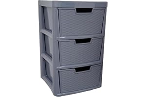 ALEEZ - Large Plastic Drawer Storage Unit - Rattan Effect 3 Drawer Cabinet - Multipurpose Storage Organiser - Office, Tabletop Desktop Drawer - Bedroom Chest Drawer Unit - (Grey, 3 Drawer)