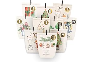 ANYUNKEY Adventskalender zum Befüllen, 24 Weihnachtskalender Papiertüten zum Selber Basteln, DIY Geschenktüten zum selbst füllen, Weißer Aquarellstil motiv, Kraftpapiertüten Advents Tüten Selbstbefüllen
