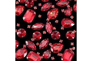 SOFPLATE 156Pcs 7 Styles Red Claw Back Rhinestones Flatback Sew on Crystals with Prong Set Faceted Glass Round Teardrop Rectangle Light Siam Gems for Clothing Fabric Shoes Dress Jewellery DIY Making