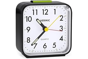 ‎HERMIC HERMIC Wecker Analog Ohne Ticken Wecker mit Licht, Batteriebetrieben, Lauter Alarm, Schlummerfunktion, Geräuschlos, Leuchtziffern Tragbarer Leise Klein Reisewecker für Tiefschläfer