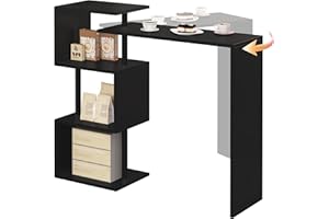 WOLTU Tavolo da Bar Alto con Mensole, Bancone Casa in Metallo e Legno Nero, con 3 Ripiani, Scrivania Girevole, per Cucina, Sala da Pranzo, Soggiorno