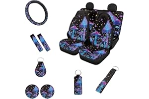 Belidome Mushroom Night Autozubehör-Set, 12-teilig, Vorder- und Rücksitzbezug mit Chapstick-Halter, Schlüsselanhänger, Untersetzer, Lenkradschutz, Sicherheitsgurtpolster, Einheitsgröße