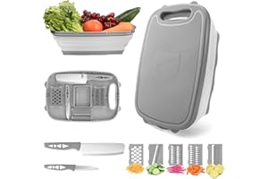 HI NINGER 9 in 1 Multifunktionales Schneidebrett – Faltbare Küchenhilfe mit 5 Gemüseschneidern, 2 Messern & Abflusskorb – Tragbares Schneidbrett aus Kunststoff für Camping, Grillen & Outdoor（Grau）