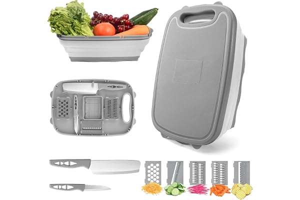 HI NINGER 9 en 1 planche a decouper camping, Planche à Découper Pliable en Plastique avec 5 Pièces Coupe-légumes et 2 Couteaux, Panier de Drainage Pliable pour camping accessoires ,cadeau camping