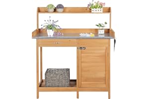 costoffs Potting Bench Wood Garden Potting Table with Cabinet and and Drawers Outdoor Metal Surface Work Bench for Greenhouse with Hooks and Shelf Wood