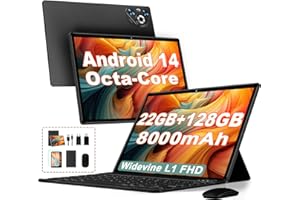 Dghrti 2025 Newest Tablet 10 pollici Android 14, 22(6+16) GB RAM+128GB ROM/TF 2TB, 8-Core, 8000mAh, GPS, Face ID, Widevine L1, BT5.0, 8MP+5MP, WLAN 6, Controllo Parentale, Tastiera, Mouse, Nero