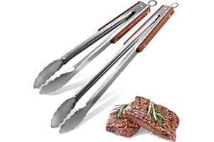 ESIE HOUZIE Stainless Steel BBQ Tongs 34.5 & 44.5 cm, Grill Tongs Barbecue Accessories with Locking Mechanism & Heat-Resistant Wooden Handle Long Kitchen Tongs for Grilling Cooking