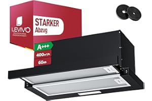 LEVIVO A+++ Flachschirmhaube 60cm Umluft & Abluft mit 400 m³/h, Einbau Dunstabzugshaube mit 2 Aktivkohlefiltern, 2 Fettfiltern, 2 Stufen, LED-Licht, Dunstabzugshaube 60cm Unterbau, Schwarz