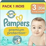 Pampers Couches Premium Protection Taille 3 (6-10 kg), 204 Couches Bébé, Pack 1 Mois, Notre N°1 Pour La Protection Des Peaux 