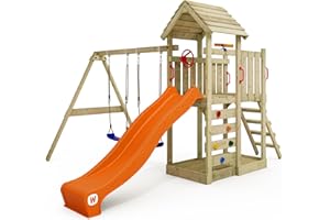 ‎WICKEY WICKEY Spielturm Klettergerüst MultiFlyer mit Holzdach, Schaukel & Rutsche, Outdoor Kinder Kletterturm mit Sandkasten, Leiter & Spiel-Zubehör für den Garten (Orange)