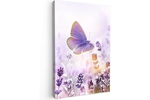 MuchoWow© Cuadros Salon Modernos 80x120 cm Adornos Pared Decorativos Dormitorio Lienzo Pinturas Quadro Decoración Lavanda - Mariposa - Morado - Flores - Naturaleza