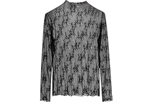 DEARBAG Górna część damska z siateczki, seksowna górna część z brokatu, przezroczysta bluzka z długim rękawem, przezroczysta koronkowa bluzka Sheer Mesh na imprezę, do klubu, festiwalu