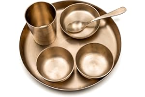 Veda Essentials. 6-Piece Kansa Dinner Set | Antique Matte Finish | 1 Plate (10.5" Thali), 2 Bowls, 1 Glass, 1 Sweet Dish Plat